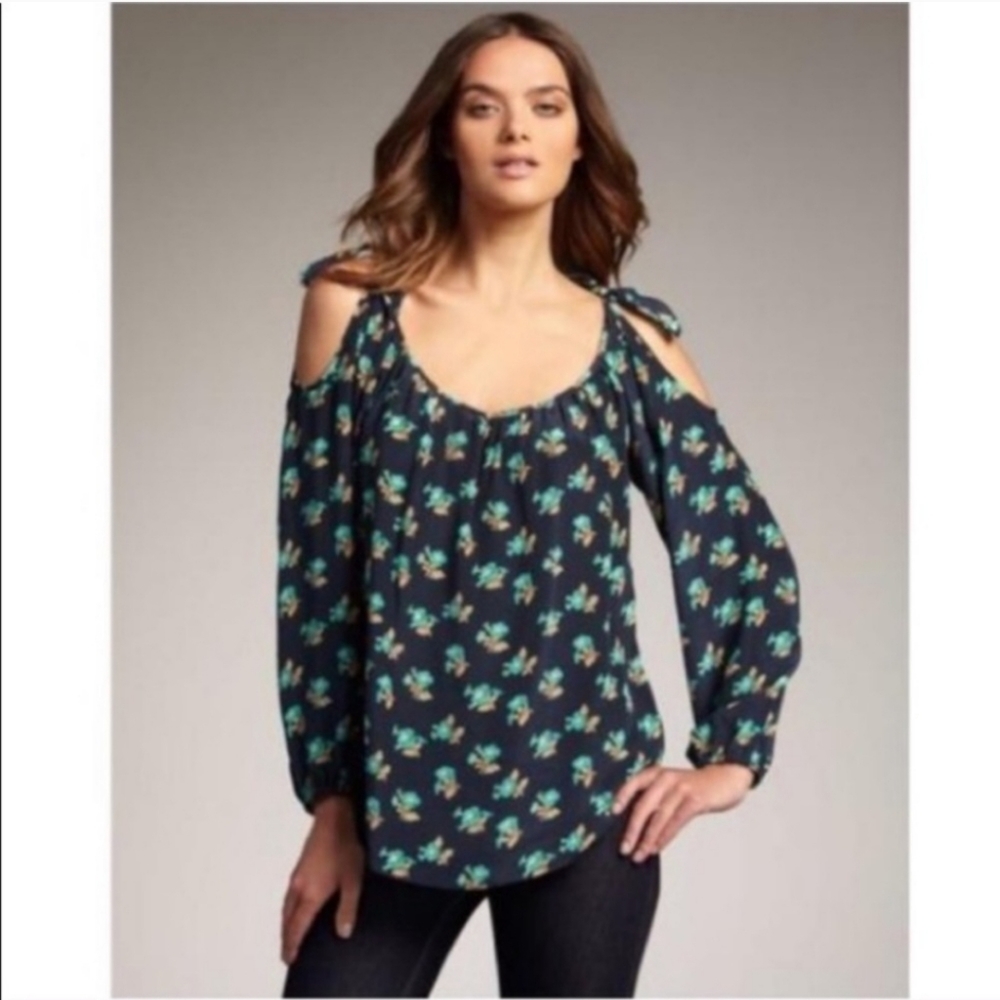 Rebecca Taylor Navy Floral Cold Shoulder Silk Top